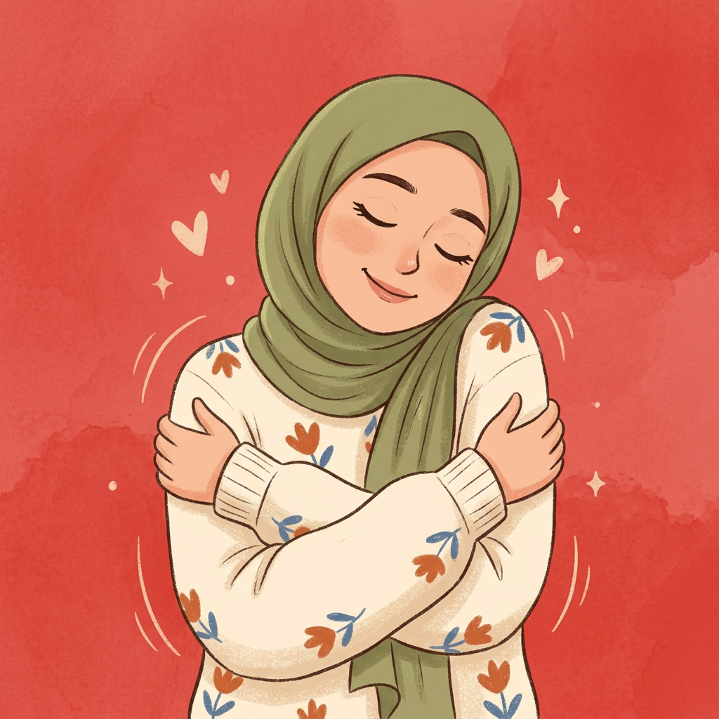 Woman wearing green hijab and floral sweater hugging herself with eyes closed