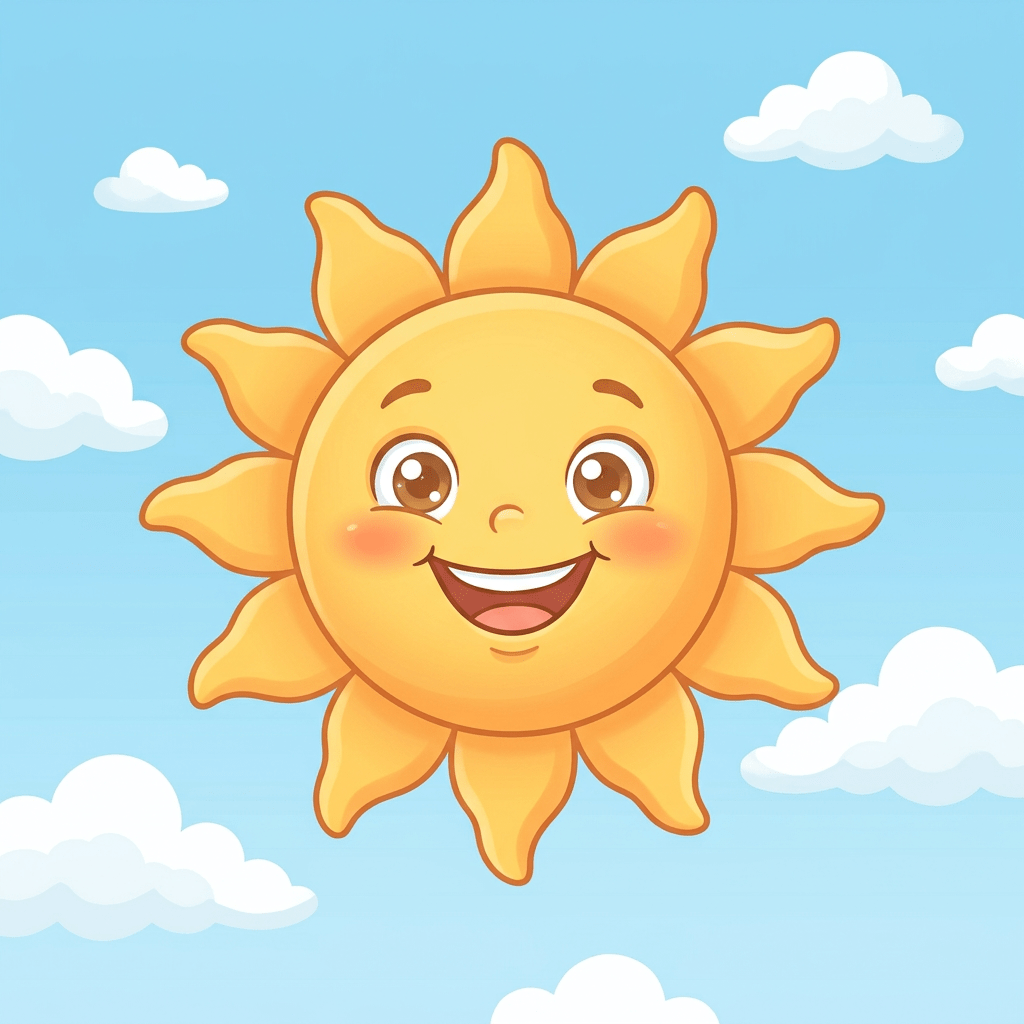 Smiling cartoon sun with brown eyes and rosy cheeks against a blue sky with white clouds
