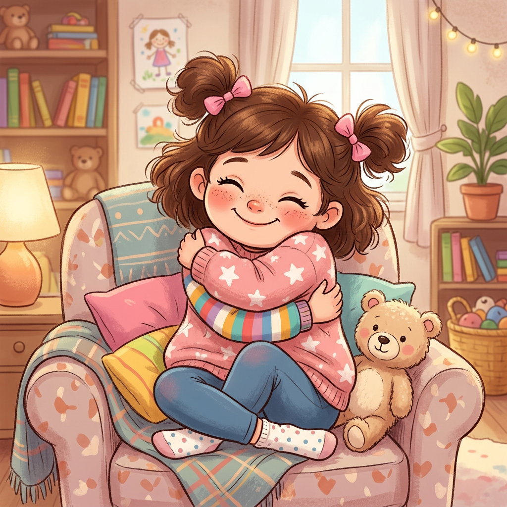 Smiling girl sitting cross-legged in armchair hugging stuffed toy bear