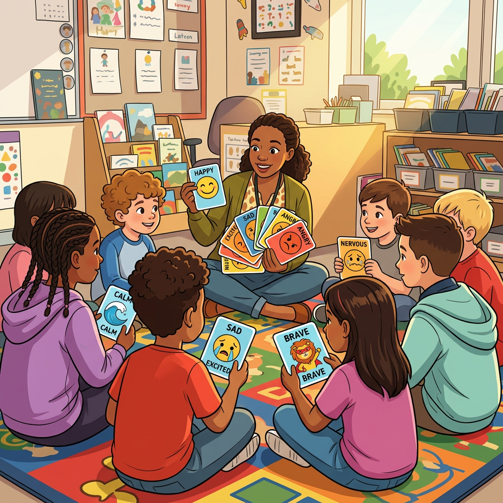 Teacher and children in classroom holding emotion flashcards